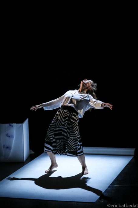 Danseuse en mouvement expressive, vêtue d'un haut clair et d'une jupe à motifs sombres.