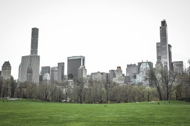 Paysage urbain avec des gratte-ciels en arrière-plan et un parc verdoyant au premier plan.
