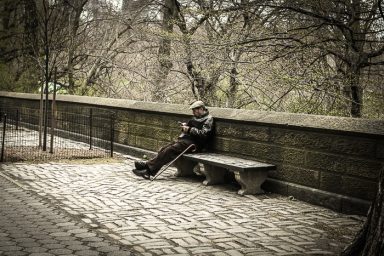 Un homme assis sur un banc dans un parc, entouré d'arbres dénudés.